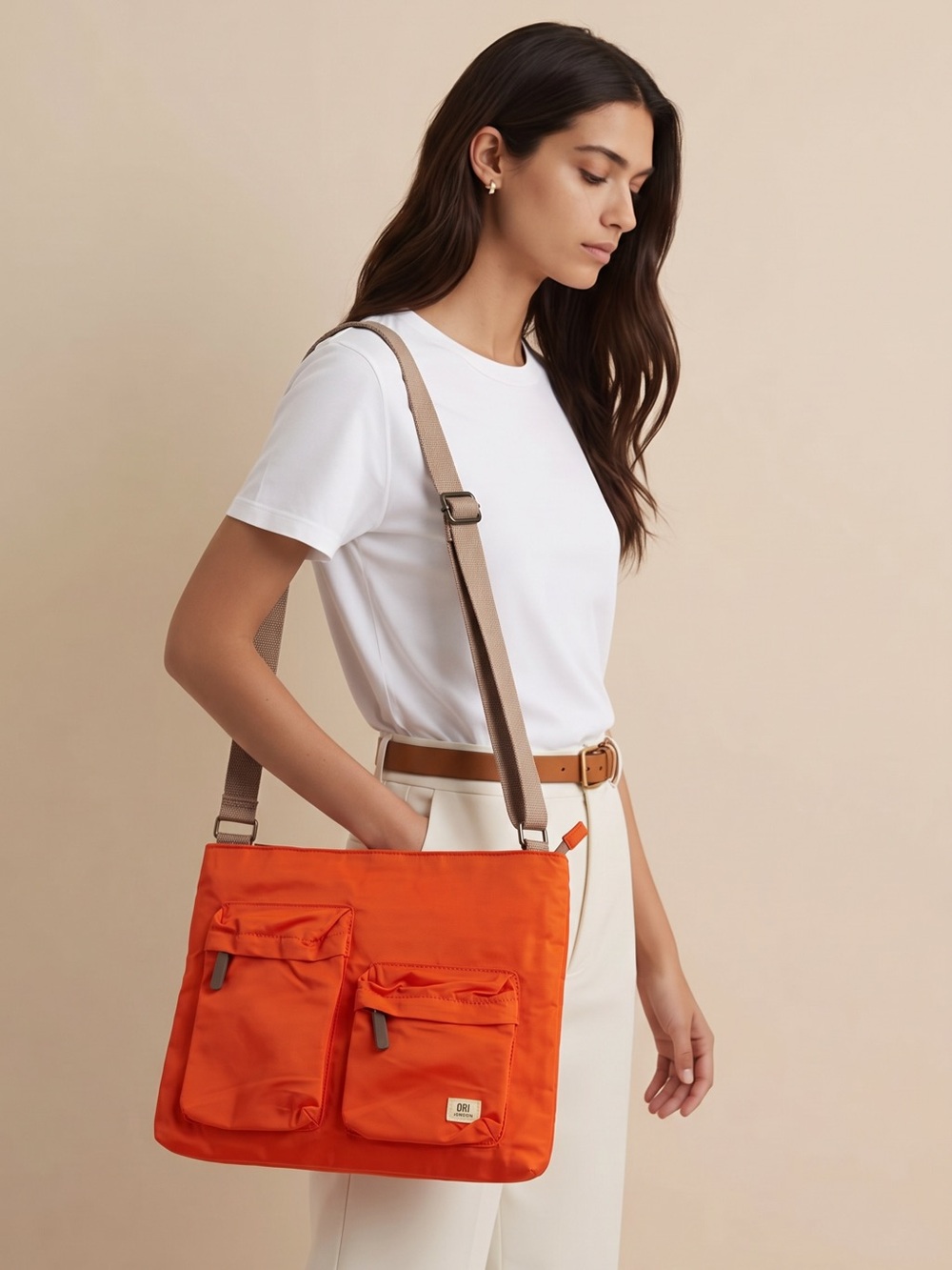 ORI London Orange Crossbody Bag Purse Nylon Sporty Dual Front Pockets